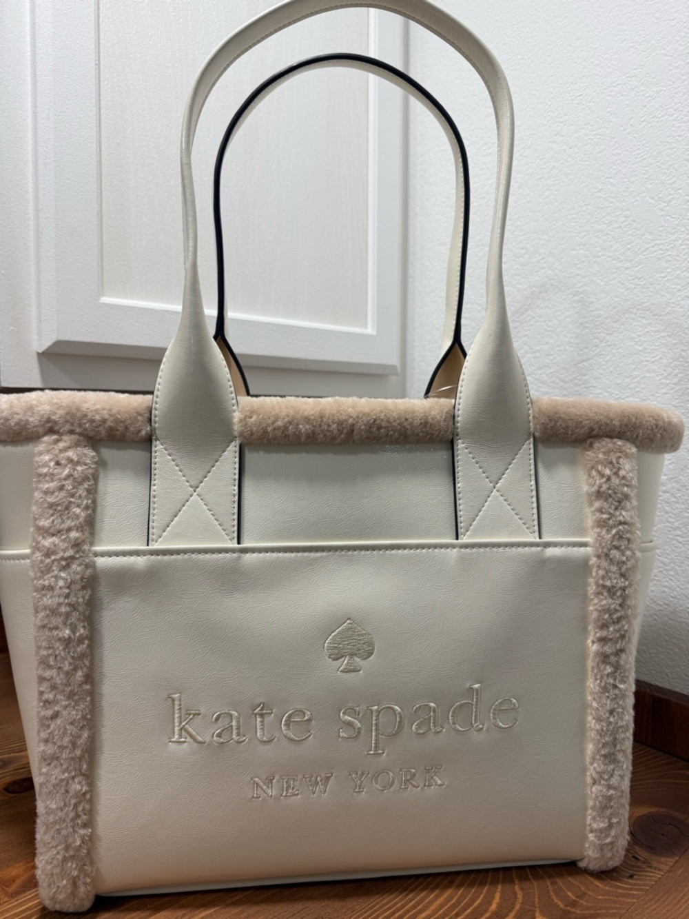 kate spade Cream Leather Tote with Shearling Trim - FREE make up toiletry bag!